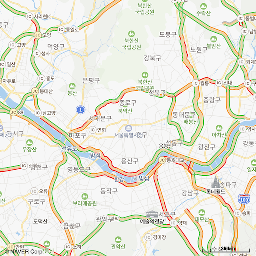 일반 지도 배경에 실시간 혼잡 교통 정보 요청